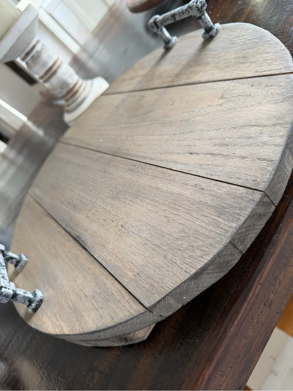Wooden Round Serving Tray with Distressed Metal Handles - Brown Solid Oak